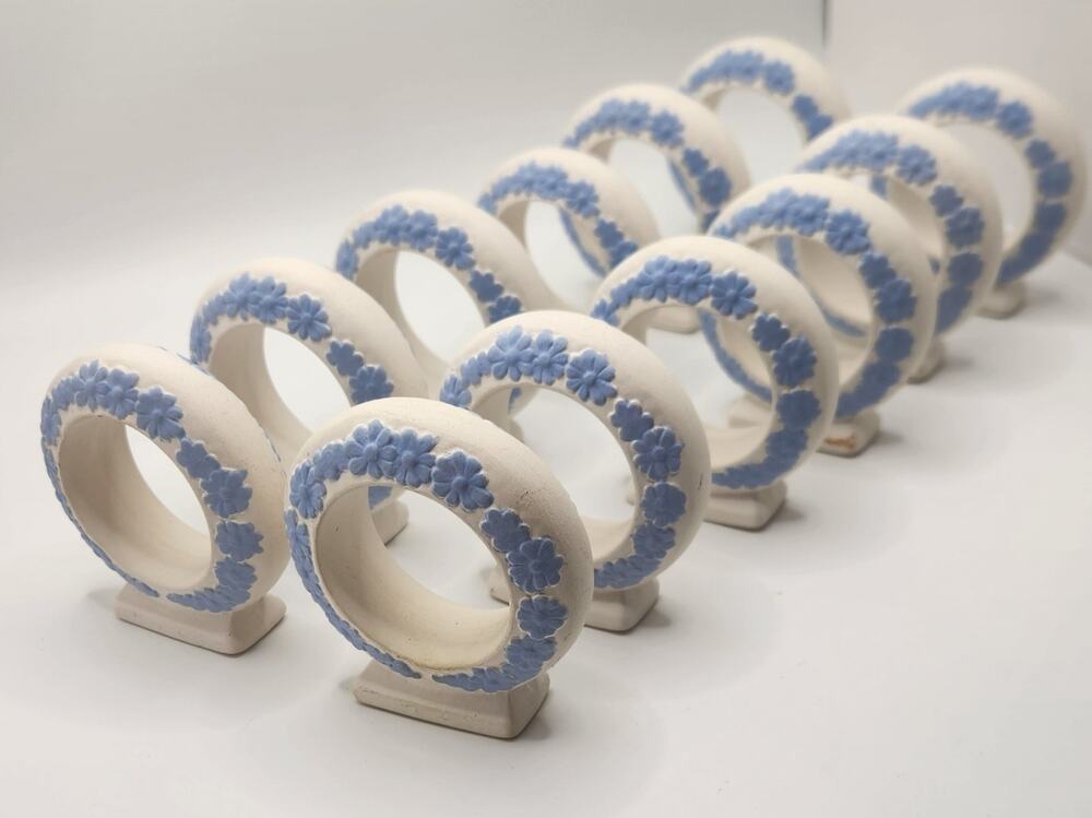 Vintage Ceramic Floral Napkin Rings Set of 12 Ivory & Blue Raised Daisy Design